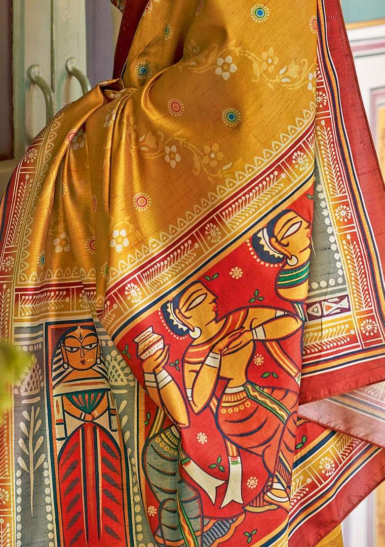Mustard Printed Silk Blend Saree Set - Indya