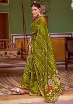 Olive Printed Silk Blend Saree Set