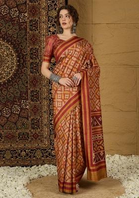Rust Printed Silk Blend Saree Set
