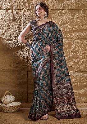 Teal Blue Printed Silk Blend Saree Set