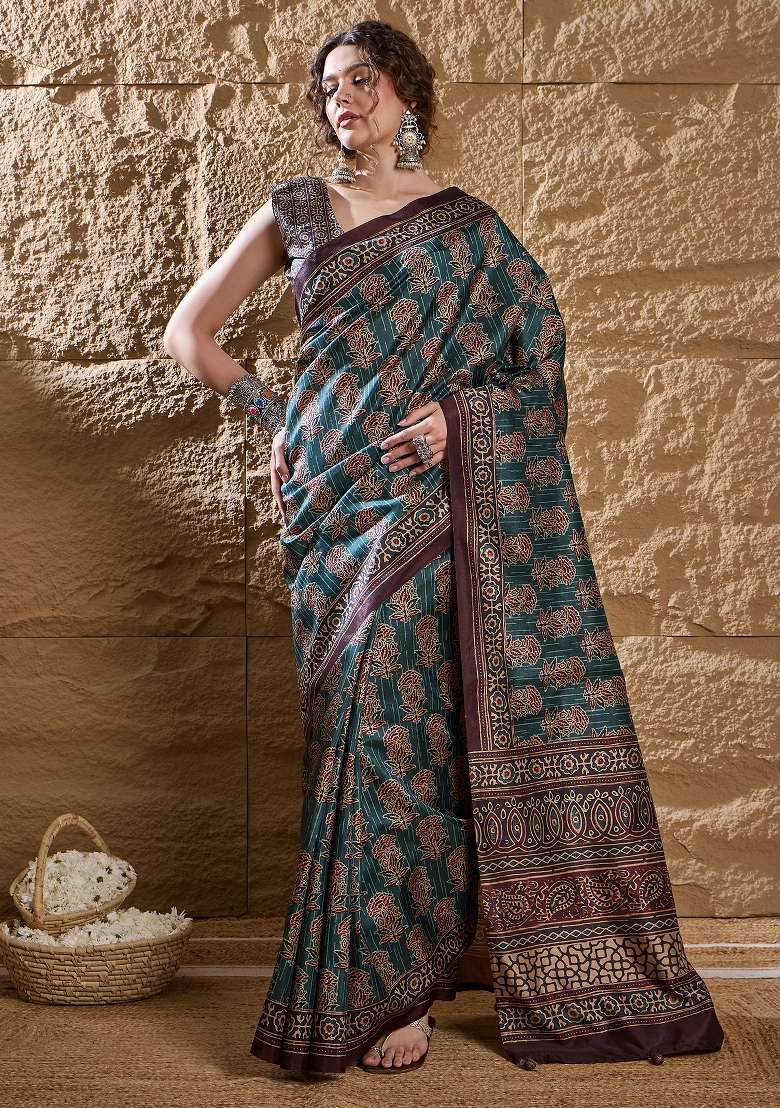 Teal Blue Printed Silk Blend Saree Set - Indya