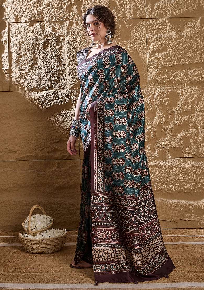 Teal Blue Printed Silk Blend Saree Set - Indya