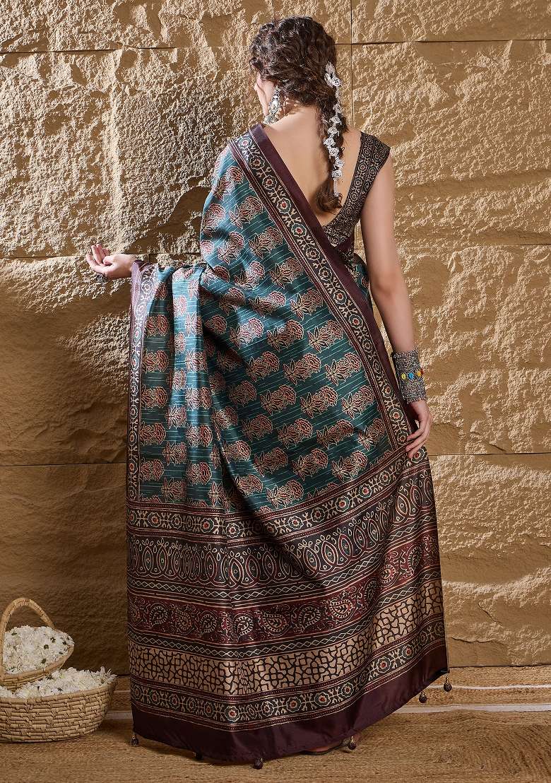 Teal Blue Printed Silk Blend Saree Set - Indya