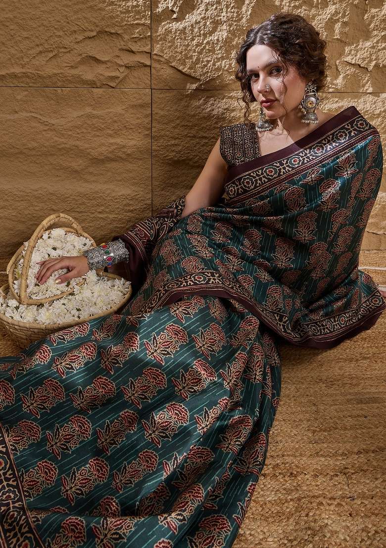 Teal Blue Printed Silk Blend Saree Set - Indya