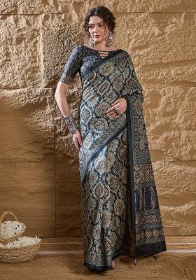Navy Blue Printed Silk Blend Saree Set