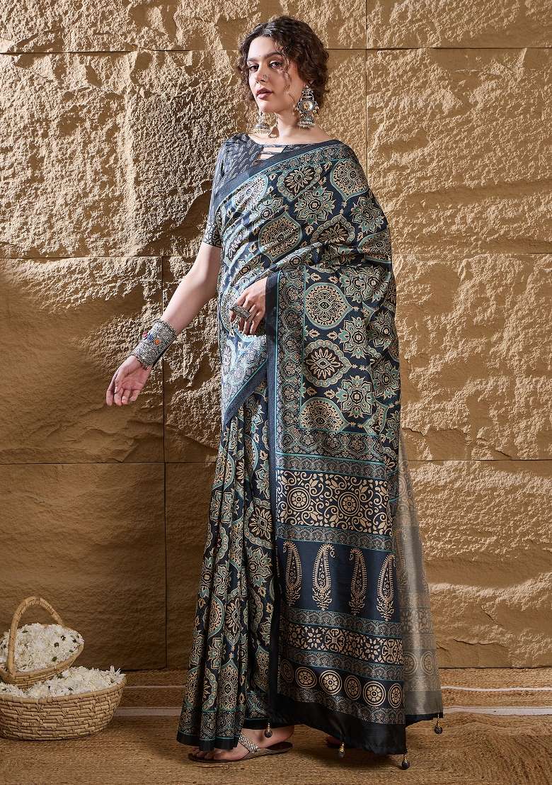 Navy Blue Printed Silk Blend Saree Set - Indya