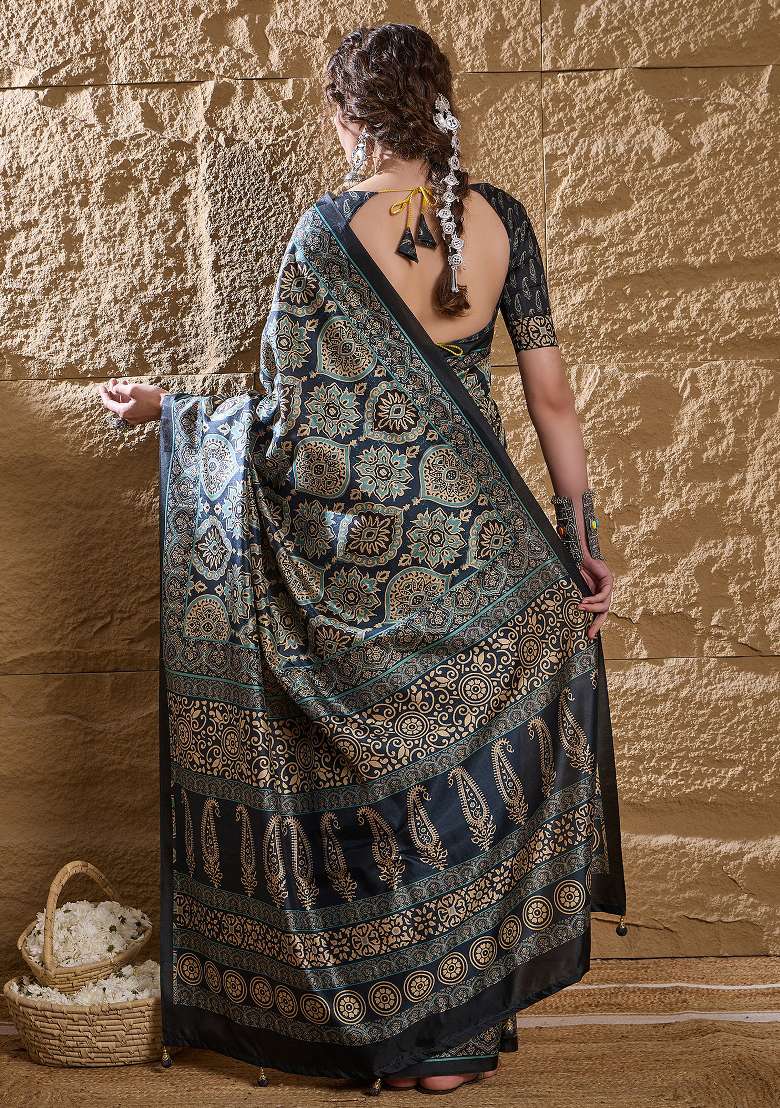 Navy Blue Printed Silk Blend Saree Set - Indya