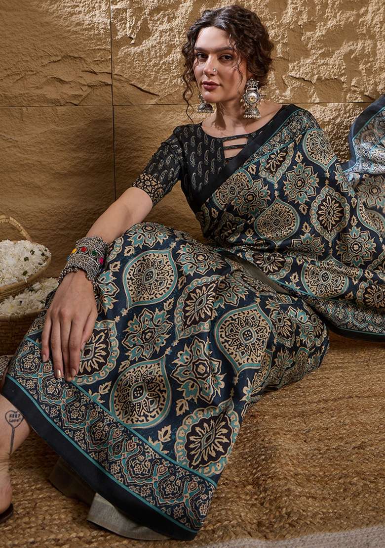 Navy Blue Printed Silk Blend Saree Set - Indya