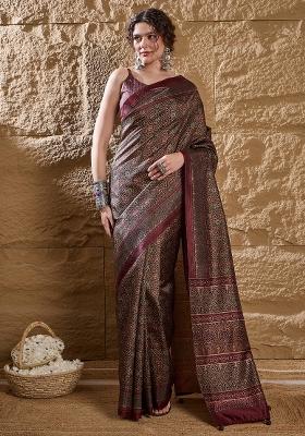 Olive Printed Silk Blend Saree Set