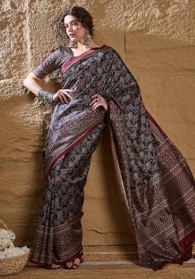 Navy Blue Printed Silk Blend Saree Set