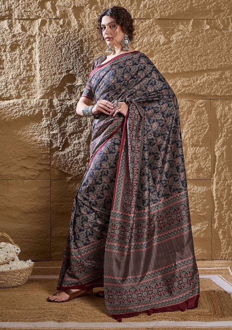 Navy Blue Printed Silk Blend Saree Set - Indya
