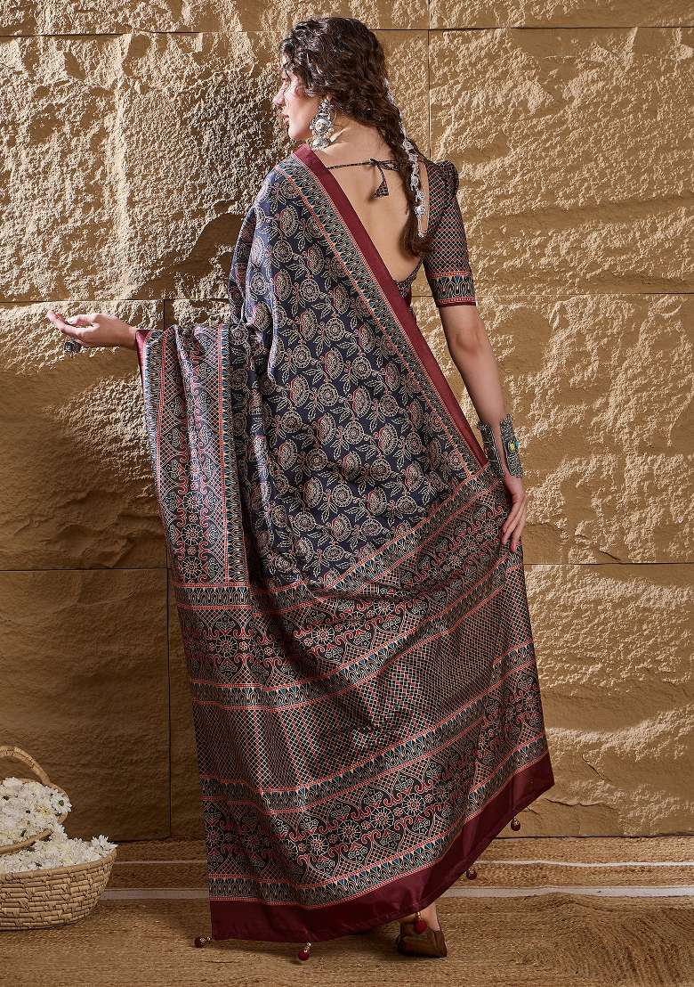 Navy Blue Printed Silk Blend Saree Set - Indya