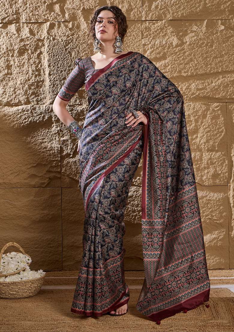 Navy Blue Printed Silk Blend Saree Set - Indya