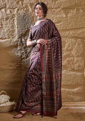 Navy Blue Printed Silk Blend Saree Set
