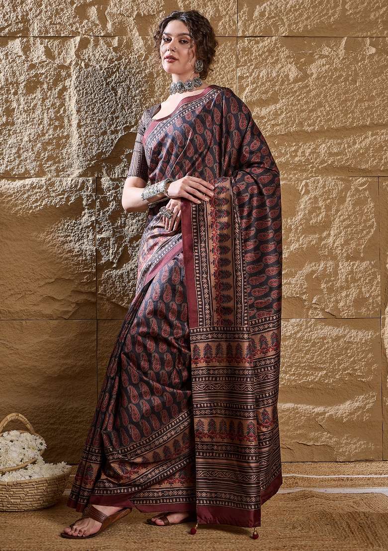Navy Blue Printed Silk Blend Saree Set - Indya