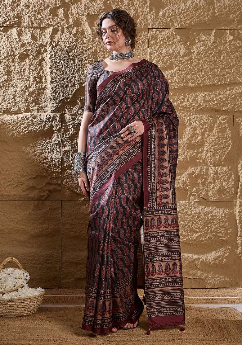 Navy Blue Printed Silk Blend Saree Set - Indya
