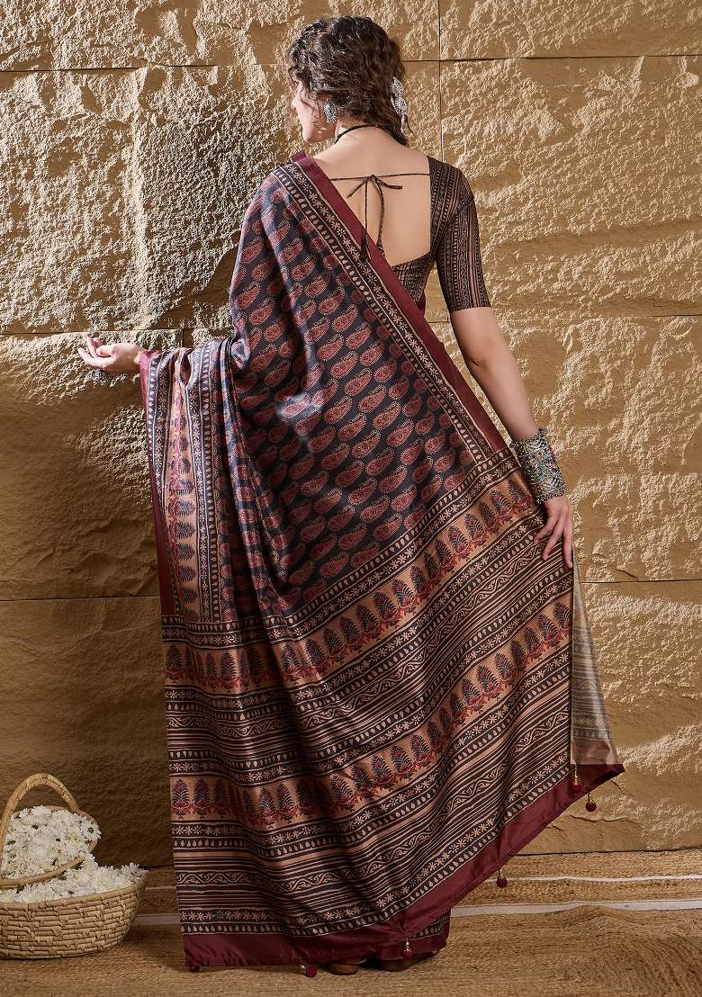 Navy Blue Printed Silk Blend Saree Set - Indya