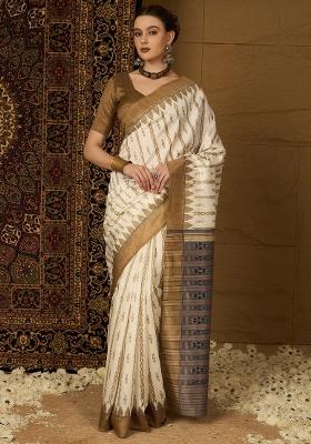Off White Printed Bhagalpuri Silk Saree Set