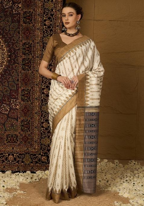 Off White Printed Bhagalpuri Silk Saree Set — view on Indya