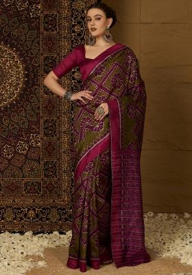 Olive Printed Bhagalpuri Silk Saree Set
