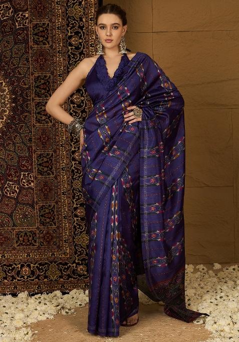 Purple Printed Bhagalpuri Silk Saree Set