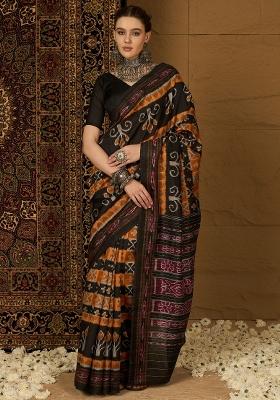Mustard Printed Bhagalpuri Silk Saree Set
