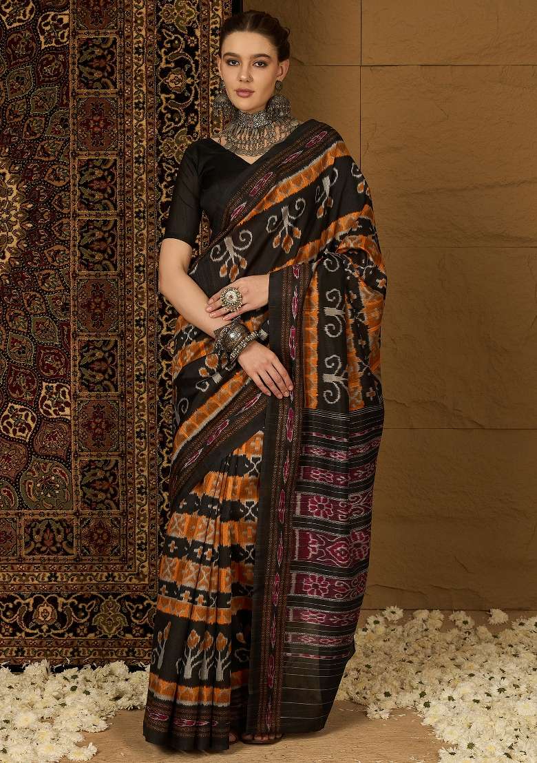 Mustard Printed Bhagalpuri Silk Blend Saree Set - Indya