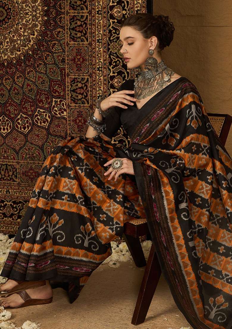 Mustard Printed Bhagalpuri Silk Blend Saree Set - Indya