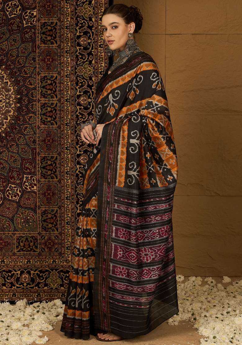 Mustard Printed Bhagalpuri Silk Blend Saree Set - Indya