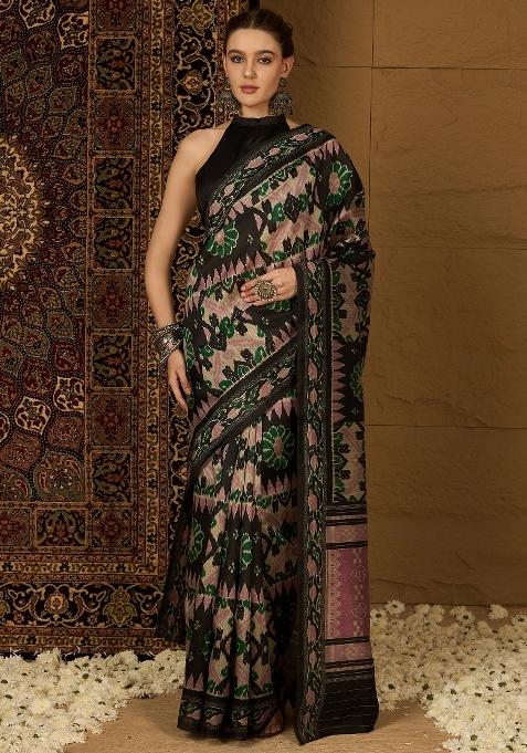 Black Printed Bhagalpuri Silk Saree Set — view on Indya