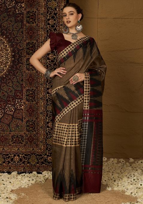 Beige Printed Bhagalpuri Silk Saree Set — view on Indya