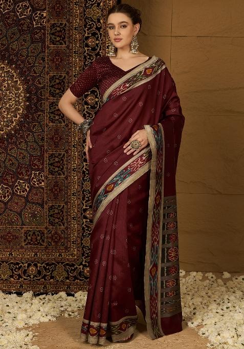 Maroon Printed Bhagalpuri Silk Saree Set — view on Indya