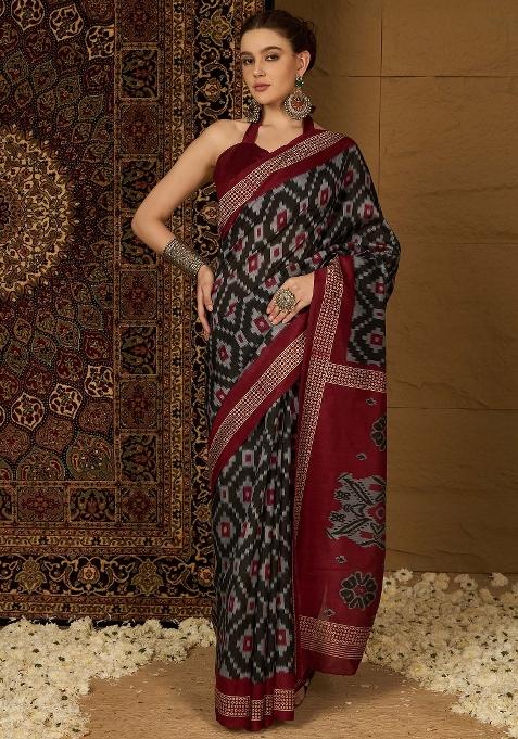 Black Printed Bhagalpuri Silk Saree Set — view on Indya