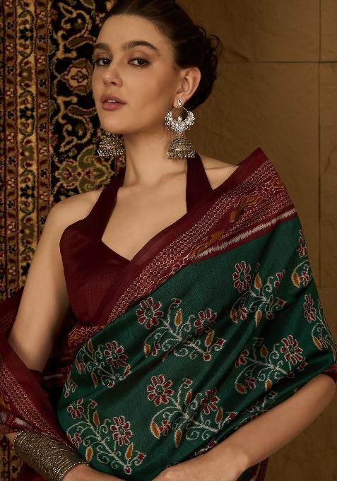 Green Printed Bhagalpuri Silk Saree Set