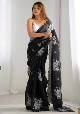 Black Printed Organza Saree Set