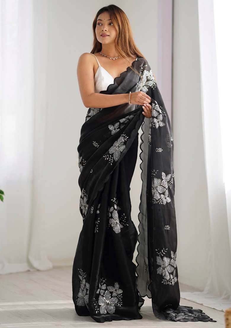 Black Organza Saree Set with Printed for Diwali | Wedding & Festive Wear - Indya