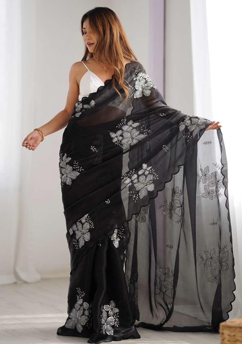 Black Organza Saree Set with Printed for Diwali | Wedding & Festive Wear - Indya