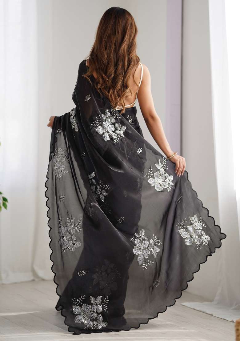 Black Organza Saree Set with Printed for Diwali | Wedding & Festive Wear - Indya