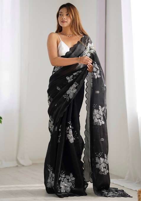 Black Organza Saree Set with Printed for Diwali | Wedding & Festive Wear