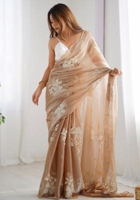 Beige Printed Organza Saree Set