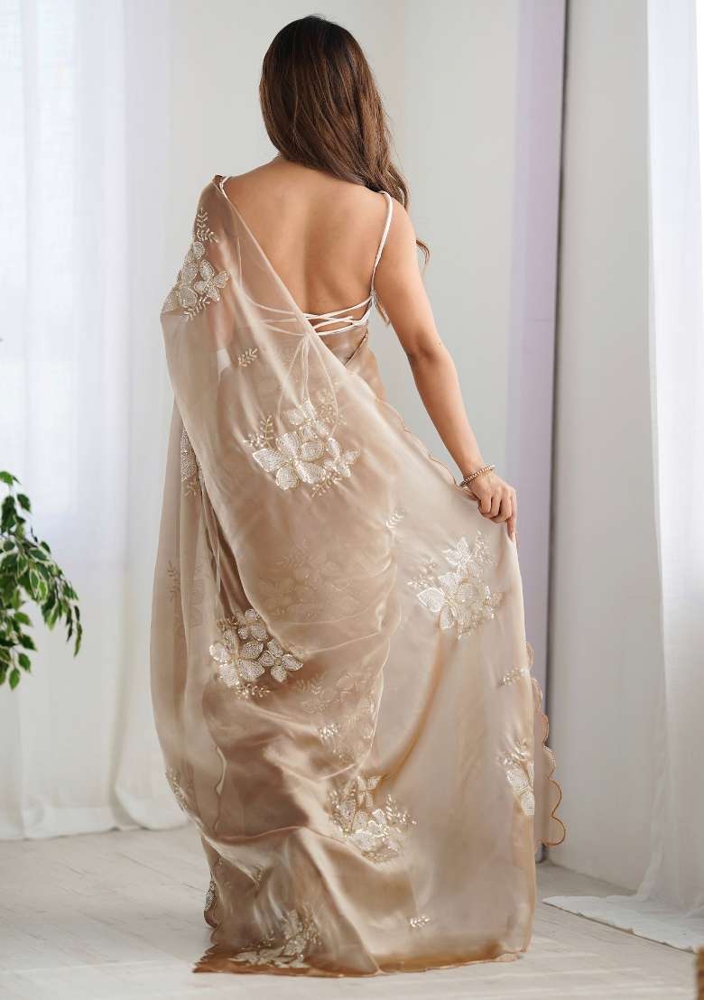 Beige Organza Saree Set with Printed for Diwali | Wedding & Festive Wear - Indya
