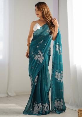 Teal Blue Printed Organza Saree Set