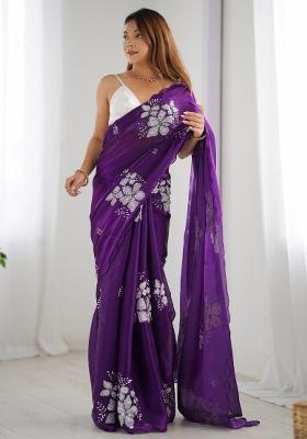 Purple Printed Organza Saree Set