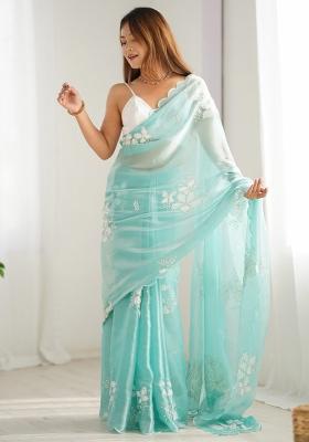 Light Blue Printed Organza Saree Set