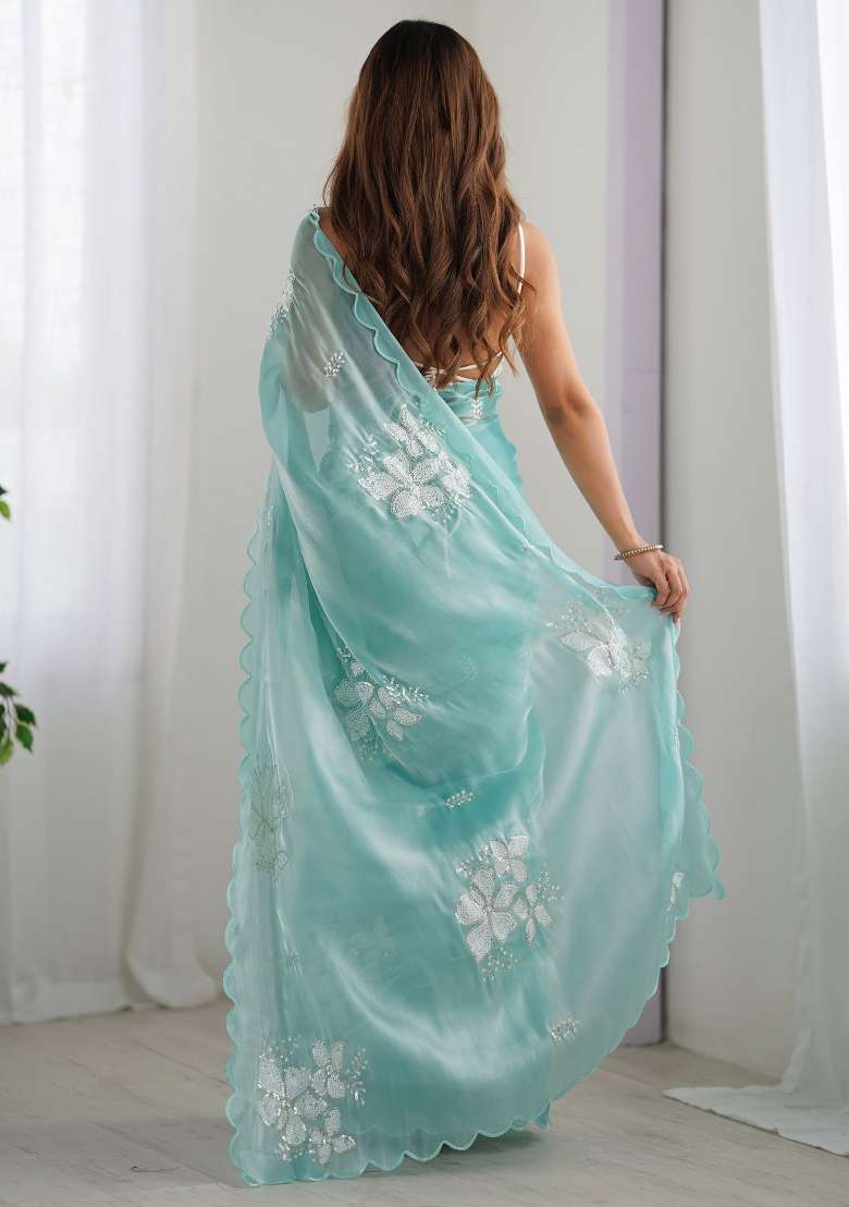 Light Blue Organza Saree Set with Printed for Diwali | Wedding & Festive Wear - Indya