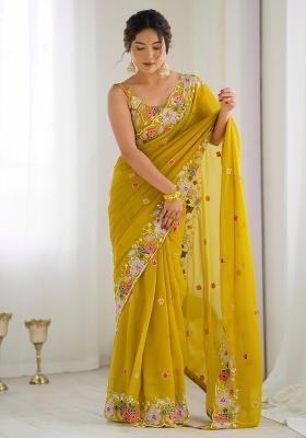 Mustard Printed Georgette Saree Set