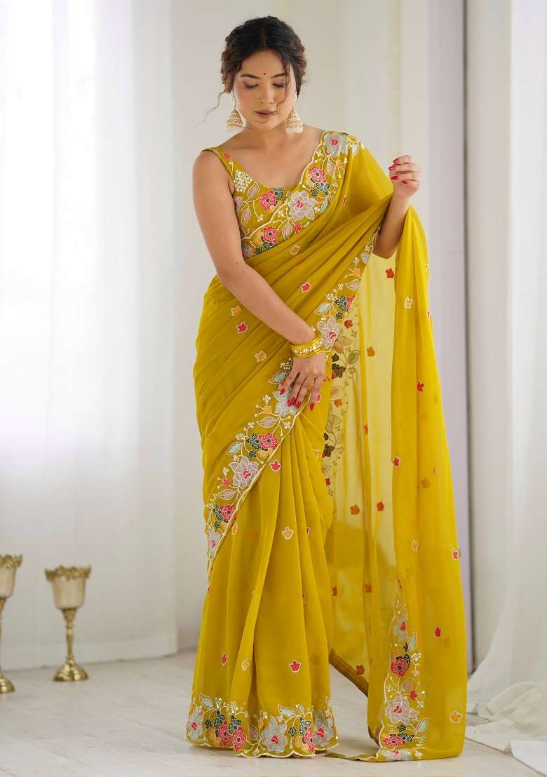 Mustard Printed Georgette Saree Set for Diwali and Festive Wear - Indya