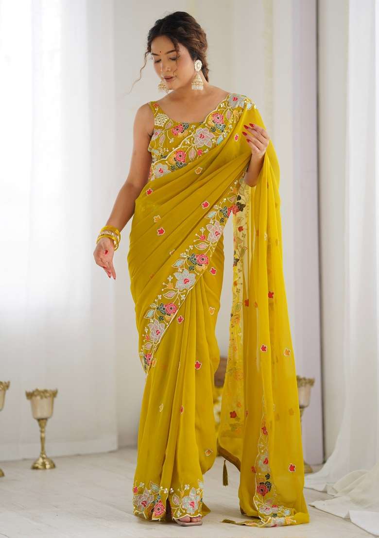 Mustard Printed Georgette Saree Set for Diwali and Festive Wear - Indya