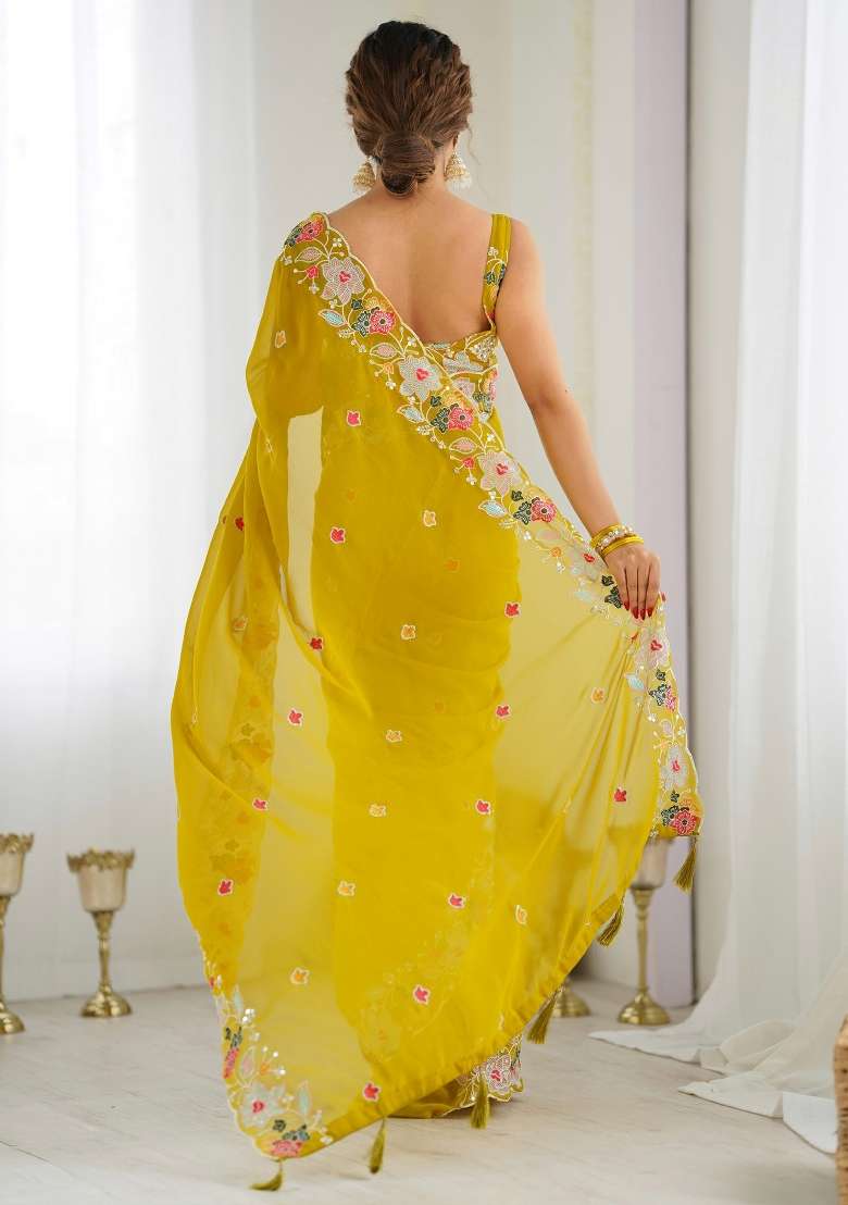 Mustard Printed Georgette Saree Set for Diwali and Festive Wear - Indya
