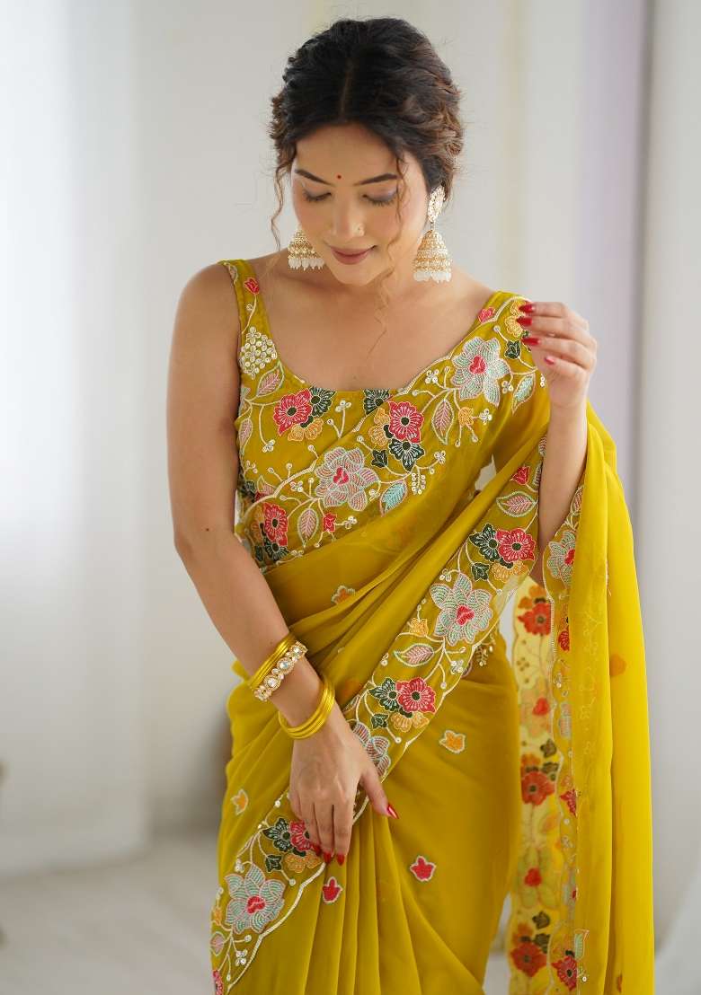 Mustard Printed Georgette Saree Set for Diwali and Festive Wear - Indya